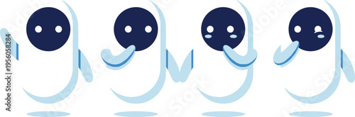 Set of four cute kawaii artificial intelligence robot characters in different poses