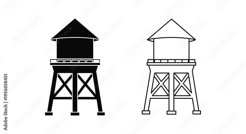 Naklejka premium Two water tower designs one solid and one outlined in a stark contrast silhouette