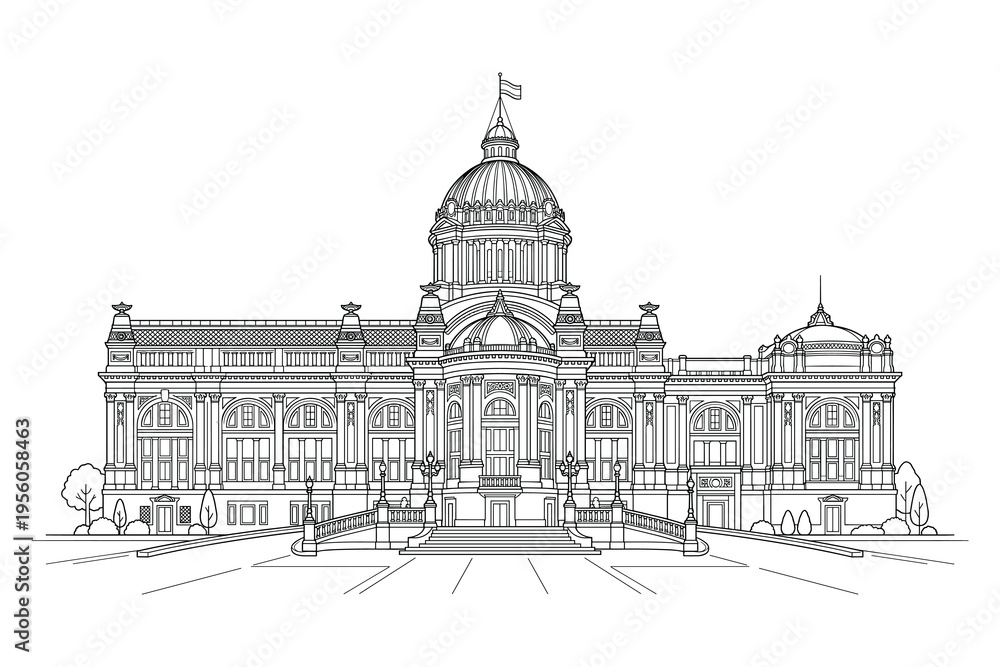 Obraz premium Monumental Architectural Sketch: A detailed architectural sketch of an impressive monumental building, showcasing intricate design and grandeur