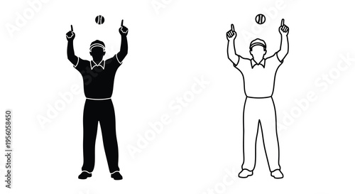 Two depictions of a cricket umpire signaling with balls black and white silhouette