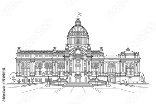 Monumental Architectural Sketch: A detailed architectural sketch of an impressive monumental building, showcasing intricate design and grandeur