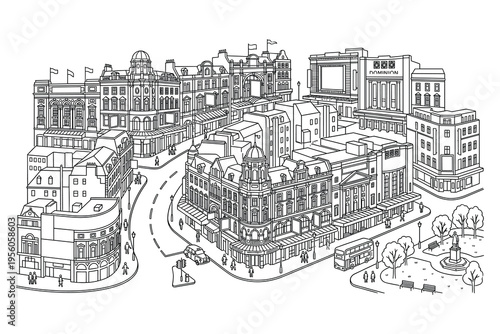 Cityscape Architectural Sketch: A detailed architectural sketch offers a panoramic view of a bustling cityscape, showcasing an array of building styles, streetscapes, and urban elements.
