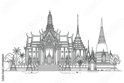 Majestic Temple Architecture: A detailed line drawing showcases the intricate details of an ancient temple complex, inviting viewers to explore its architectural splendor and cultural heritage.