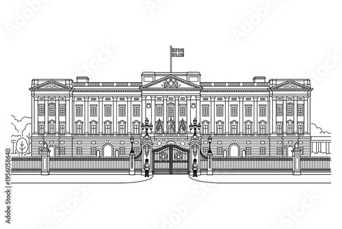 Iconic Architecture: A stunning black and white line drawing of a historic, grand building showcasing its intricate architecture and design details.