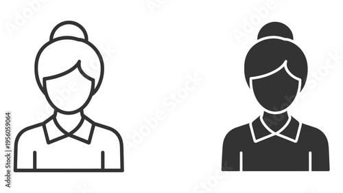 Set of two minimalist female avatar icons featuring a woman with a bun hairstyle and collared shirt isolated on white background, Vector, illustration