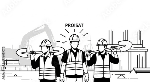 Construction Workers with Shovels at a Building Site with PROISAT Text.