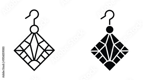 Geometric diamond shaped dangle earrings featuring a decorative art deco style pattern design isolated on white background, Vector, illustration