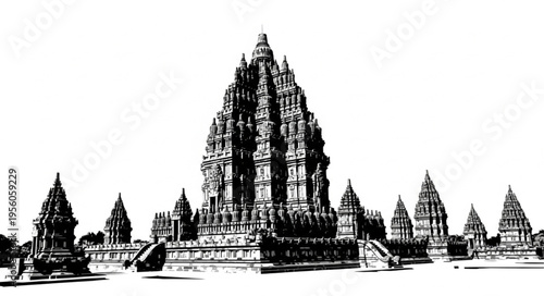 Detailed Black and White Illustration of the Prambanan Temple Complex.