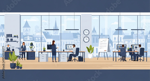 Busy Open Office Space with Employees Working at Desks.