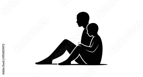 Silhouette of a parent and child sitting together in contemplation.