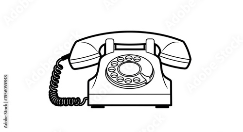 Classic Rotary Telephone Line Art Illustration on White Background.