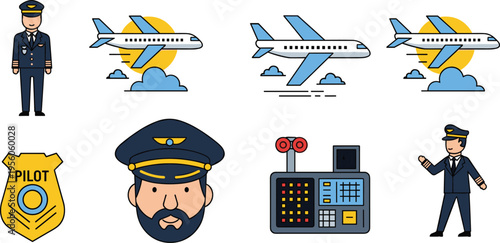 Aviation Pilot Icon Set with Airplane, Captain Uniform, Flight Control Panel, Badge, and Airport Elements for Airline, Travel, Transportation, and Aerospace Design Projects