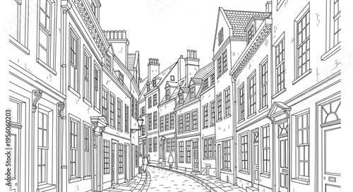 Detailed Sketch of a Quaint European Street Scene.