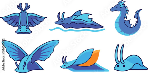 Blue Sea Slug and Nudibranch Vector Character Set Featuring Fantasy Aquatic Mollusks, Ocean Invertebrates, Marine Life Illustrations for Game Design, Stickers, and Educational Graphics