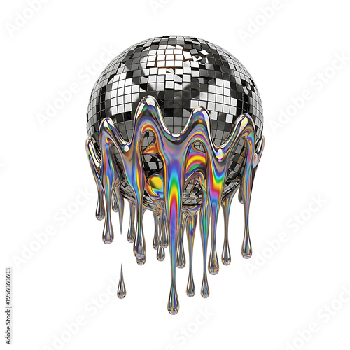 A surreal disco ball sphere covered in iridescent flowing liquid metal drips and reflective tiles
