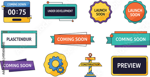 Coming Soon and Under Construction Web Banner Set Featuring Launch Soon Preview Under Development and Countdown Timer Symbols for Website Landing Pages and Project Announcements