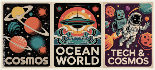 Vibrant retro posters depict cosmic and oceanic realms. Space planets swirl beside a starry sky. UFO hovers over ocean waves below. An astronaut floats through asteroid fields