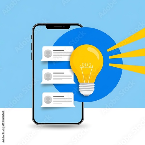 Smartphone screen with lightbulb and user profile icons on blue background representing ideas and social media profiles  technology and innovation concept