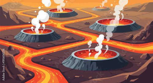 A vibrant illustration of a dynamic volcanic landscape featuring multiple active craters spewing white smoke and glowing rivers of molten rock