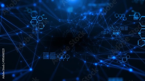 Abstract blue chemical futuristic structural health care formulas. Science geometric network cyberspace 4K motion background.