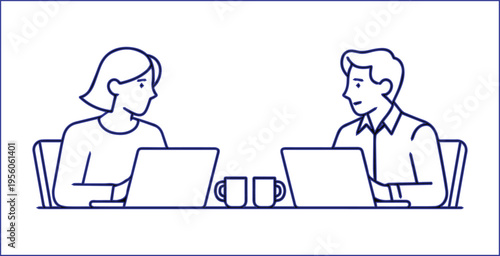 Minimalist Illustration of Two People Working on Laptops Together