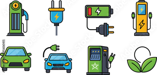 Electric Vehicle and Green Energy Icon Set Featuring EV Charging Stations Battery Power Plugs Eco Friendly Cars and Sustainable Leaf Symbols for Environmental Transport Designs