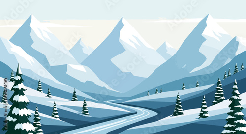 A tranquil vector illustration showcasing an expansive winter wonderland with majestic snow-capped peaks, a serene winding pathway, and numerous