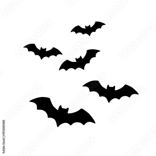 Flying bats silhouette isolated on white background. Halloween and night animal concept in flat vector illustration