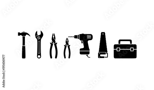 Horizontal construction tools silhouette banner with repair and workshop equipment icons