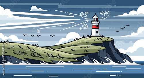 Lighthouse perched on a rugged coastal cliff overlooking tempestuous ocean waters under a dramatic sky with swirling winds and soaring seabirds