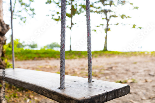 close-up of the wooden swing in the garden.