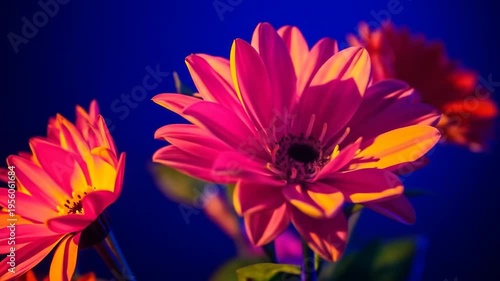 Vibrant pink flowers illuminated against dark blue background decorative design