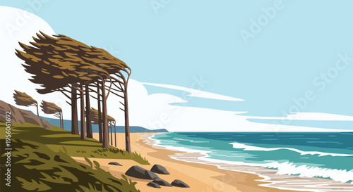 Vibrant illustration: serene coastal beach, golden sands, clear blue ocean, gentle waves, unique wind-sculpted trees on a green dune, under open sky.