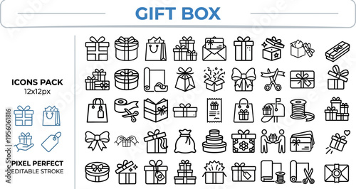 Gift Box & Packaging Icon Set Pack — Presents, Boxes, Wrapping, Ribbon, Pixel Perfect Editable Vector