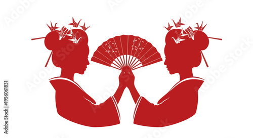 Two Geisha Women Facing Each Other Holding a Red Fan Stylized Red Silhouettes