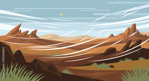 Striking stylized desert landscape with angular rocks, dynamic wind, and sparse flora under a vibrant sky.