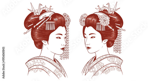 Two Geisha Women Faces with Elaborate Hair and Kimono in Red Outline Style