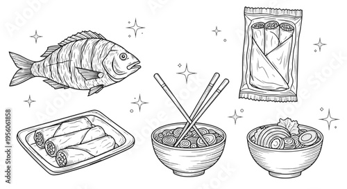 Black and White Line Art Fish Spring Rolls Noodles and Bowl