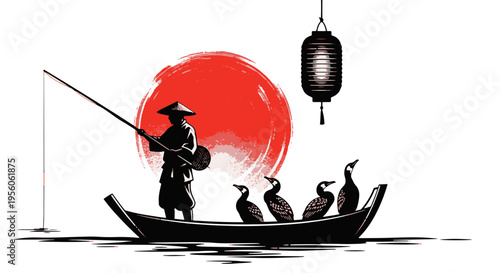 Fisherman in Boat with Cormorants at Sunrise with Lantern