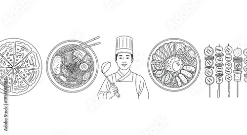 Food Variety with Chef in Traditional Asian Style Drawing