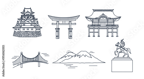 Japanese Landmarks and Scenery Line Art Collection