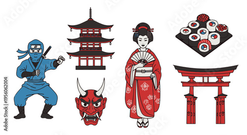 Japanese Ninja Geisha Temple Torii Sushi Mask Traditional Culture Symbols