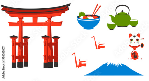 Japanese Torii Gate Food Tea Ceremony Crane Mount Fuji Maneki Neko