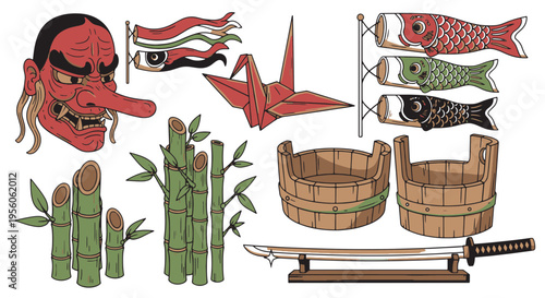 Japanese Traditional Culture Icons Featuring Mask Bamboo Crane Samurai Sword Koinobori