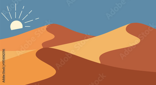 Minimalist desert landscape with warm sand dunes under a clear blue sky and glowing sun, an inviting abstract natural scene.