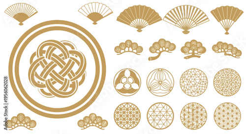 Japanese Traditional Golden Symbols and Fans Illustration