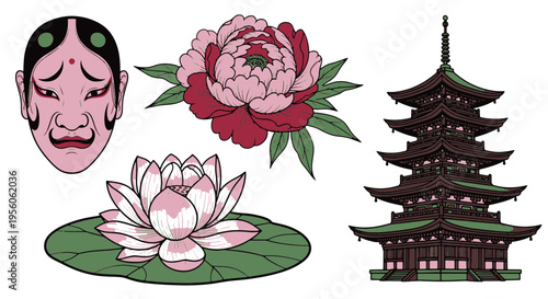 Japanese Traditional Elements Mask Lotus Flower Peony and Pagoda Tower