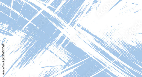 Abstract distressed light blue brush stroke background with white paint splatters and halftone dots texture with graphic design