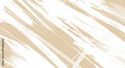 Abstract distressed beige brush stroke background with white paint splatters and halftone dots texture with graphic design