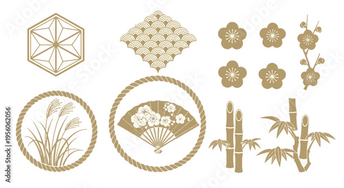Japanese Traditional Icons Set Gold Color with Flowers Bamboo and Fan